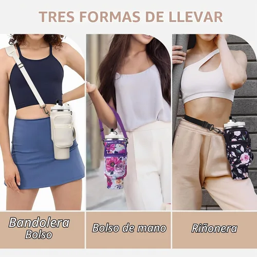 Vista 3 de AceTreker Bolsa de transporte para botella de agua con correa para vaso Stanley de 40/30 onzas, funda aislante de neopreno con bolsillo para 01-Crema