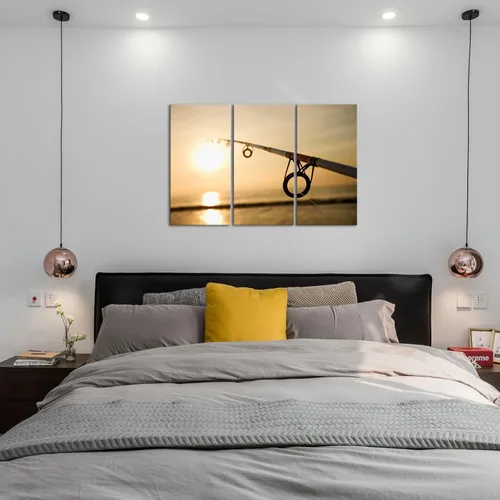 Vista 5 de iKNOW FOTO 3 piezas de lienzo impreso para pesca, arte de pared, caña de pescar contra el océano al atardecer, fotografía de naturaleza, pintura