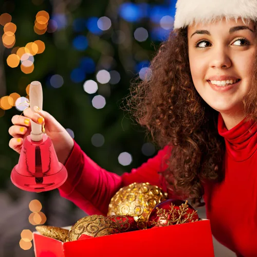 Vista 3 de 2 campanas de mano de Navidad, campanas de llamada ruidosas de metal, campanas de Papá Noel con mango de madera para servicio de Navidad, cena
