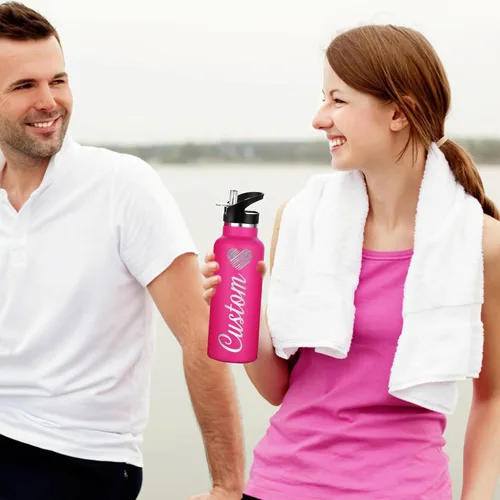 Vista 7 de Botellas de agua personalizadas de 12 onzas, botella de agua de acero inoxidable personalizada con tapa con pajilla, botellas de doble pared