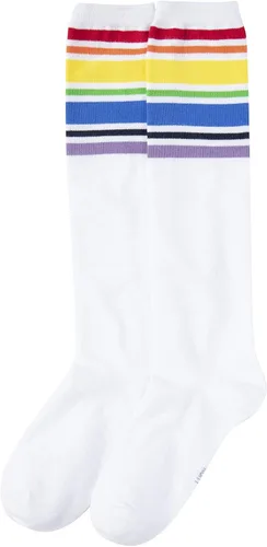 Vista 3 de YEJIMONG Calcetines altos hasta la rodilla para mujeres y niñas, 4 pares de calcetines de tubo a rayas con puños acanalados antideslizantes