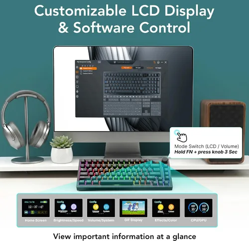 Vista 5 de TECWARE Teclado mecánico para juegos Spectre 75 Pantalla LCD personalizable y perilla Bluetooth inalámbrico de tres modos de 2.4 GHz Montaje