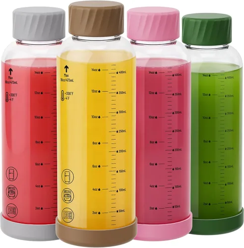 Vista 12 de Botellas de jugo de vidrio de 12 onzas – Pack de 4 botellas de agua de vidrio con tapas de acero inoxidable – A prueba de fugas, sin BPA, vidrio