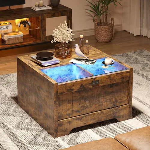 Vista 6 de Bestier Mesa de centro de granja de 31.5 pulgadas con almacenamiento, mesas de centro cuadradas LED para sala de estar, mesa central de madera