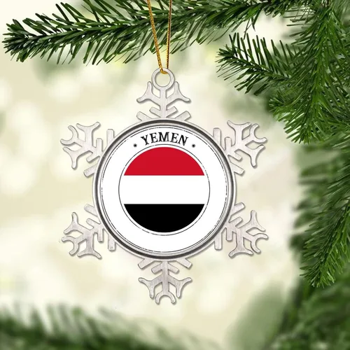 Vista 2 de Adorno de copo de nieve de Yemen, bandera de las naciones de Yemen, adornos de metal, recuerdo de regalo, adornos colgantes para decoración