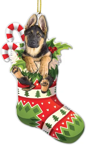Vista 14 de Adorno acrílico plano de Navidad para perro de montaña bernés, adorable cachorro de montaña bernés en calcetín con bastones de caramelo, decoración