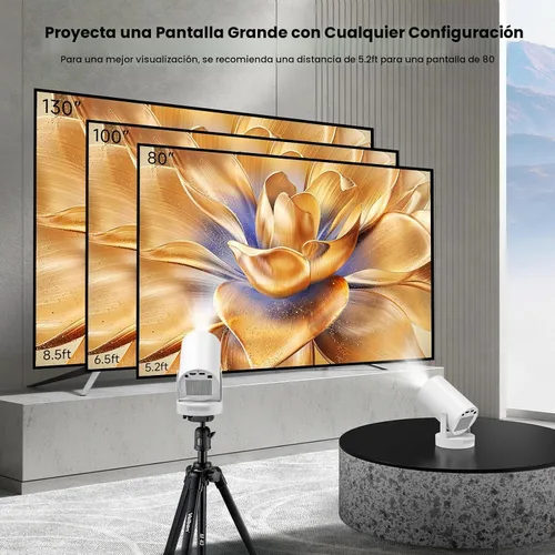Vista 4 de Mini Proyector con WiFi y Bluetooth, Proyector Portátil Inteligente con Soporte 4K, Altavoz Base de Sonido de 5W, 260 ANSI, Rotación de 210°