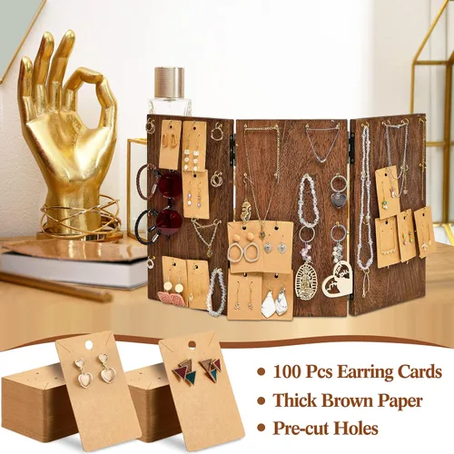 Vista 4 de 101 piezas de soporte plegable de madera para joyas, 48 ganchos, exhibición de aretes para vender tarjetas de exhibición de aretes, 3 paneles