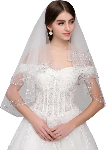 Vista 2 de malishow 2 niveles velo de novia lentejuelas con cuentas borde perla Bling velos de novia