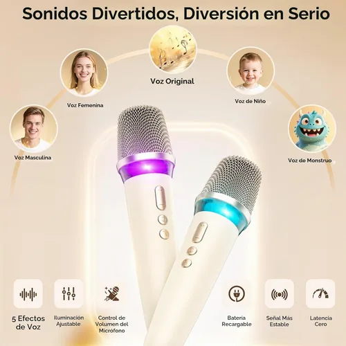 Vista 4 de Máquina de karaoke con 2 micrófonos inalámbricos y envoltura de cuero suave Mini altavoz Bluetooth portátil con 5 modos de cambio de voz