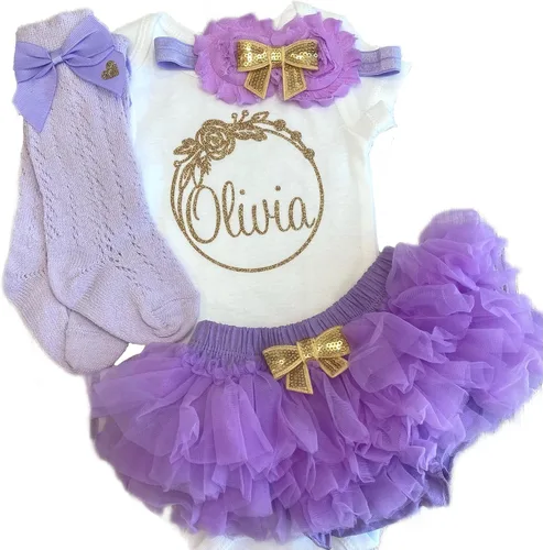 Vista 14 de Personalized Baby Girl Outfit Circular Floral Wreath Design Gold Glitter Optional Accessories