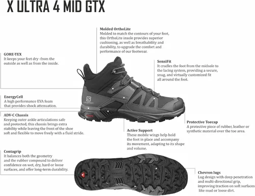 Vista 2 de Salomon Botas de senderismo X Ultra 4 Mid Gore-tex para hombre Gris Negro M