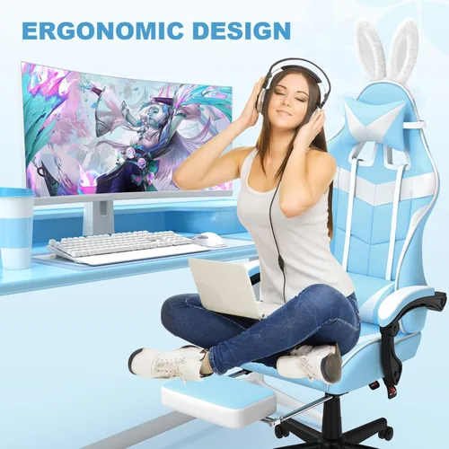 Vista 8 de Soontrans Silla de juegos azul claro con reposapiés, bonita silla de videojuegos de conejo, silla de escritorio Kawaii para nieta, hermana, novia