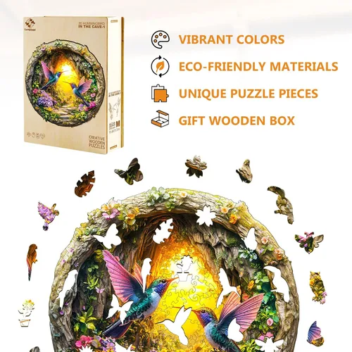 Vista 6 de Rompecabezas de madera para adultos, con efecto de visión 3D, cueva de colibrí 3D, rompecabezas de madera de forma única, regalos