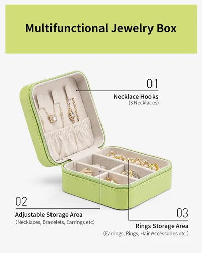 Vista 9 de Vlando Pequeño organizador de joyero de viaje Anillo de regalo para mujer, aretes, collares, vitrina de almacenamiento para niñas, color verde