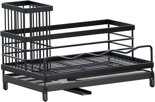 Vista 8 de Soporte de esponja para cocina, organizador de fregadero con soporte alto para cepillos y bandeja de drenaje rápido, boquilla giratoria de 360°