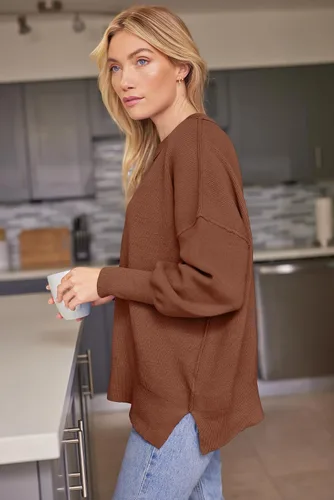 Vista 39 de Lillusory - Suéter extragrande con mangas de murciélago y cuello redondo para mujer, prenda moderna de otoño de tejido de punto sin botones