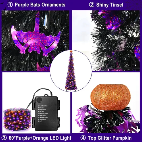 Vista 6 de TURNMEON Árbol de Halloween de oropel negro de 6 pies con luces