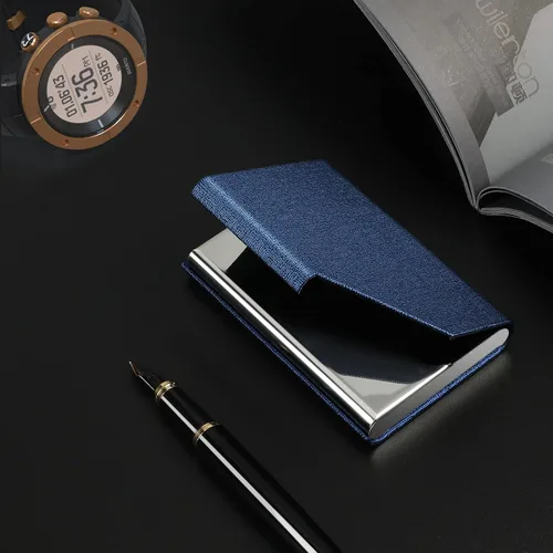 Vista 7 de MaxGear Tarjetero de visita portatarjetas de metal para mujeres y hombres cartera delgada de piel sintética y acero inoxidable bolsillo