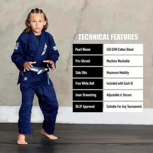 Vista 4 de Elite Sports Kids BJJ GI - Kimono brasileño Jiujitsu Gi con tela preencogida y cinturón, para niños y jóvenes, aprobado por la IBJJF