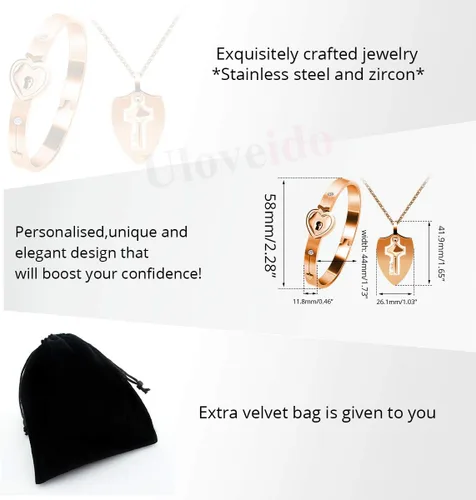 Vista 6 de Uloveido Collar con colgante de llave de escudo y pulsera de bloqueo para niñas y niños, juego de pulsera para hombres y mujeres, regalo