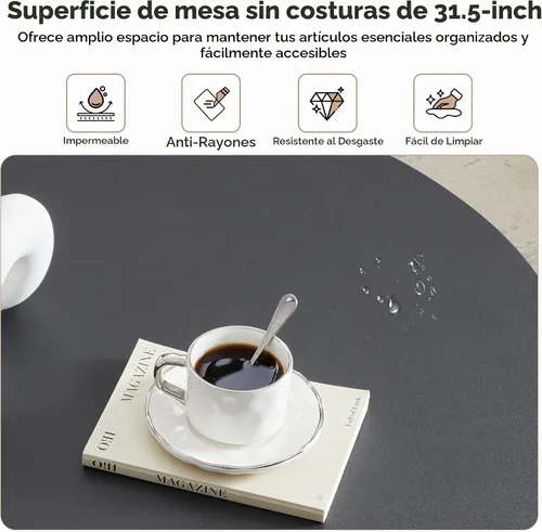 Vista 3 de Mesa de café redonda de 31.5", Mesa de centro moderna con acento acanalado y marco de metal, mesas de café de madera redondas para sala de estar