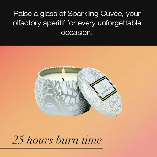 Vista 5 de Voluspa Sparkling Cuvee, mini vela de lata, 4 onzas, tiempo de combustión de 25 horas, cera de coco para combustión limpia, hecha a mano