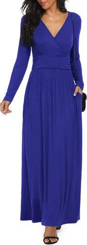 Vista 24 de LILBETTER - Vestido largo de manga larga, cuello en V profundo, holgado, liso y casual para mujer Verde militar