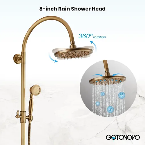 Vista 4 de gotonovo Grifo de ducha de baño expuesto, sistema de ducha montado en la pared, cabezal de ducha de 8 pulgadas y boquilla de bañera, asas cruzadas