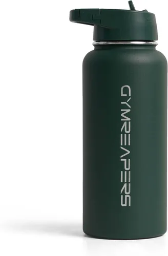 Vista 2 de Gymreapers Botella de agua aislada - Acero inoxidable 32 oz, 3 tapas (pajita, trago, cantimplora), aislamiento al vacío de doble pared, taza térmica