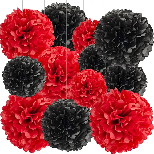Vista 6 de BRZIKWT 12 pompones de papel de seda de punto ondulado degradado negro y dorado para fiesta, techo, colgar en la pared, decoración de flores