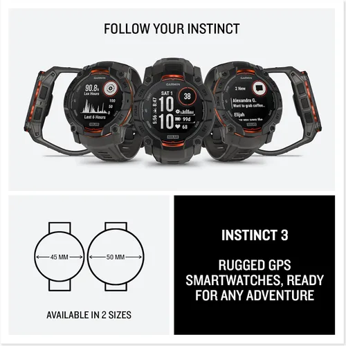 Vista 49 de Garmin Instinct® 3 45mm, pantalla AMOLED, reloj inteligente GPS resistente para exteriores, bisel reforzado con metal, linterna incorporada, hasta