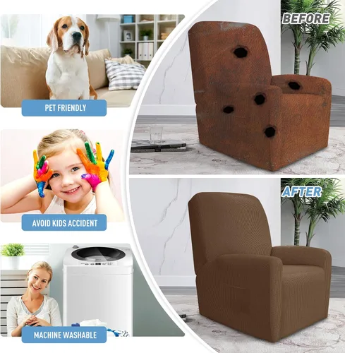 Vista 4 de JIVINER Fundas súper elásticas para sillas reclinables, de elastano, suave, con bolsillos, protector de muebles reclinables (reclinable, marrón)