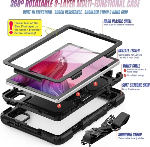 Vista 6 de SIBEITU Funda compatible con Lenovo Tab M9 TB-310FU 2023 con protector de pantalla para bolígrafo, funda de protección de tres capas a prueba