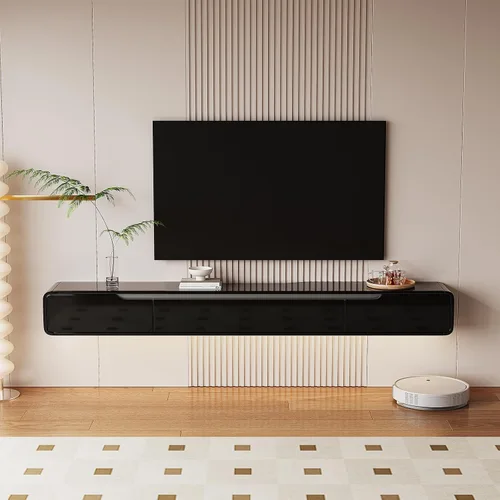 Vista 2 de FurniNova Soporte de TV flotante de alto brillo con 3 puertas, mueble de TV de 47'' montado en pared, consola bajo TV, estante de medios flotante