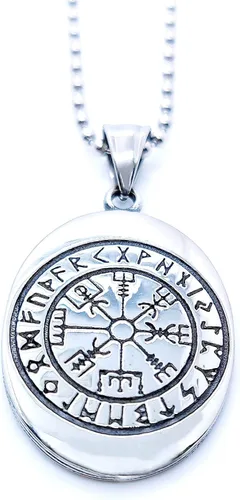 Vista 5 de Colgante de símbolo de lobo vikingo nórdico Vegvisir Mjolnir brújula para hombre, protección de fe, medallón guía amuleto, acero, joyería nórdica
