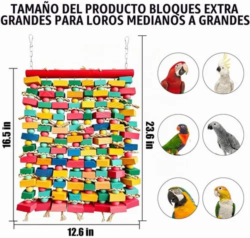 Vista 2 de Juguetes de pájaros extra grandes para guacamayos, bloques de madera multicolor juguete para masticar pájaros, jaula de loro, juguete de mordida