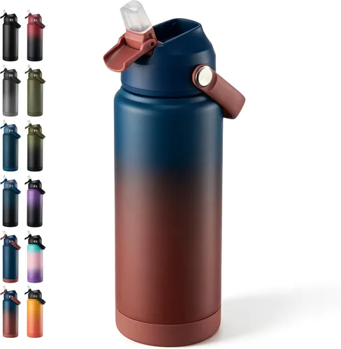 Vista 20 de Fijinhom Botella de agua aislada de 18 onzas con 2 tapas, botellas de agua de acero inoxidable, aspiradora de doble pared, mango portátil y parte