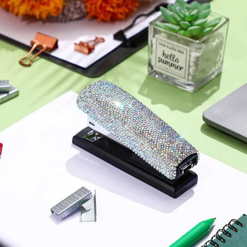 Vista 6 de Yexiya - Grapadora de colores AB para escritorio, con diamantes de imitación, regalo de regreso a clases, capacidad de 20 hojas con 1000 grapas