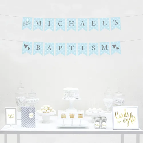Vista 2 de Andaz Press Colección de bautismo de niño azul y gris, banderín colgante personalizado con cuerda, agradecimiento por celebrar el bautismo