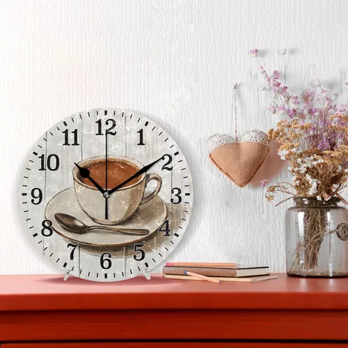 Vista 3 de JUNZAN Reloj de pared redondo marrón retro para tazas de café de 10 pulgadas, silencioso, para decoración de dormitorio, café
