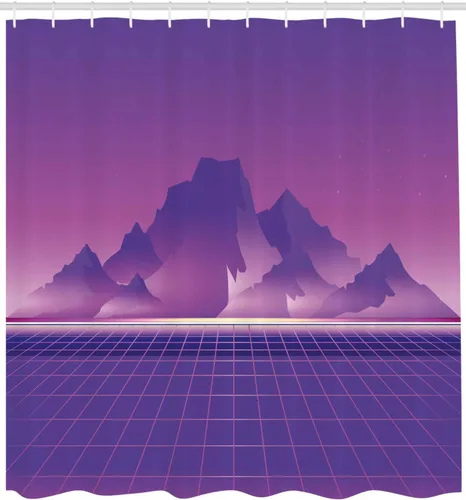 Vista 2 de Ambesonne Synthwave Shower Curtain, Retro Sci-fi Design of Mountains and Retro Wave Computer Lover Squares, Cloth Fabric Bathroom Decor Set with