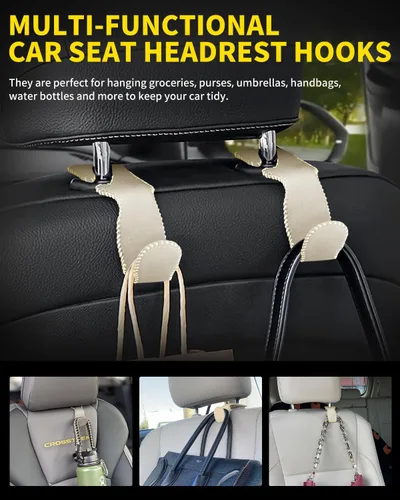 Vista 7 de Paquete de 4 ganchos superiores de cuero para reposacabezas de asiento de automóvil con capacidad de carga de 44 libras, colgadores organizador