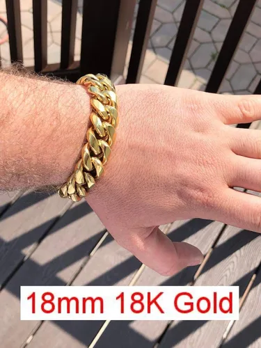 Vista 6 de HarlemBling Pulsera cubana de Miami para hombre, 0.315-0.709in, eslabones cubanos pesados de 14 quilates de 18 quilates de oro amarillo o rosa sobre