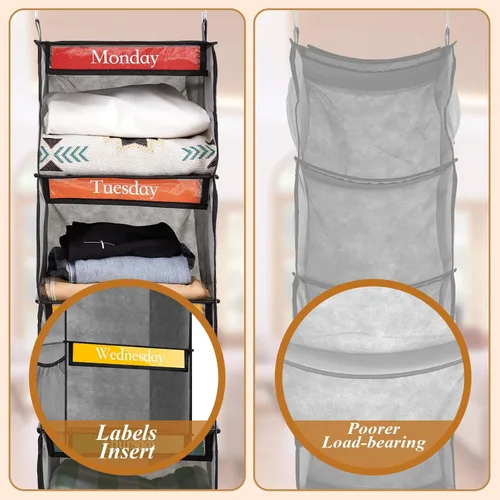 Vista 4 de Amylove Paquete de 2 organizadores semanales de ropa de 6 estantes para niños con bolsillo lateral, organizador de ropa para días de la semana de 47