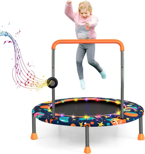 Vista 12 de Goplus Mini trampolín de 36 pulgadas para niños, trampolín para niños pequeños con luces LED, altavoz Bluetooth, mango extraíble, cubierta acolchada