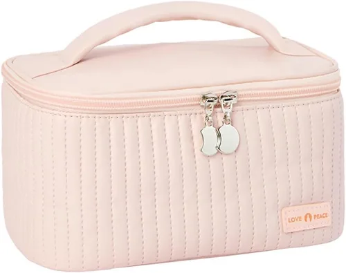 Vista 4 de Bolsa de maquillaje de viaje, estuche de cosméticos con soporte para brochas de maquillaje, organizador portátil de piel sintética para mujer, Café