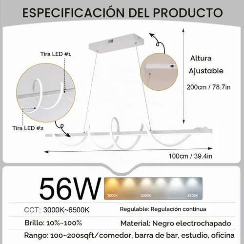 Vista 5 de Lámpara LED de 47.24 pulgadas regulable moderna lámpara colgante 3000K-6500K brillo de color ajustable con control remoto Blanco