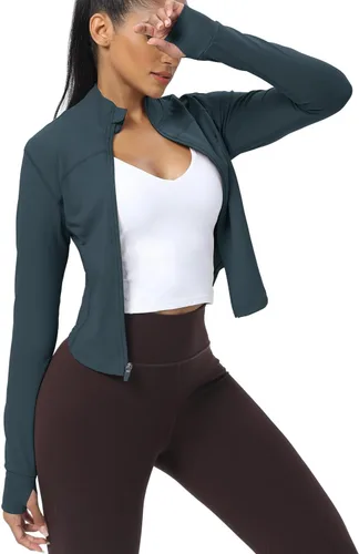Vista 23 de AVGO Chaquetas de entrenamiento recortadas para mujer, con cremallera, ajustadas, atléticas, con agujeros para el pulgar