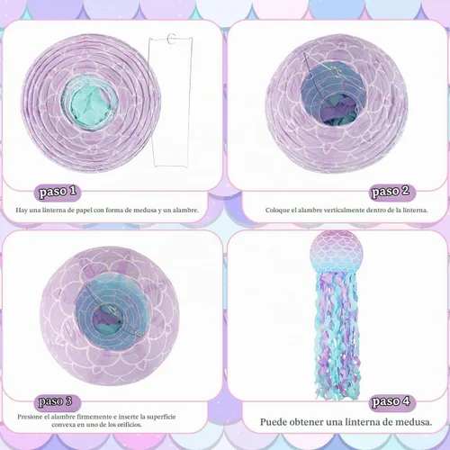 Vista 7 de Decoraciones de cumpleaños de sirena, linternas de papel de medusas rosadas lavanda azul, escamas de sirena colgantes en forma de linterna